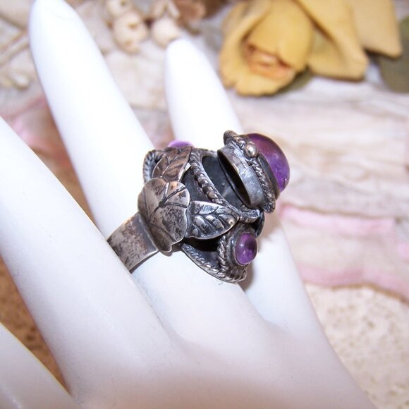 Made in Mexico Mexican Sterling Silver Amethyst Poison Ring - Adjustable 6 - Picture 7 of 9